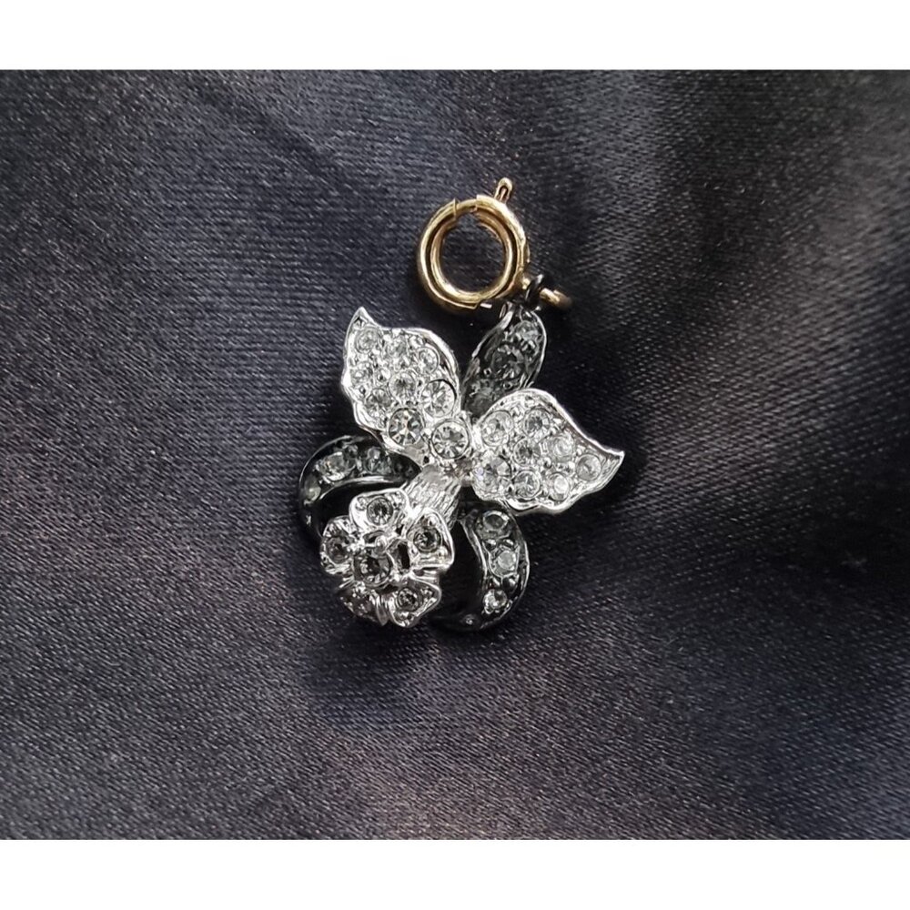 Vintage NOLAN MILLER Signed Orchid Flower Silver Tone White and Black Rhinestone